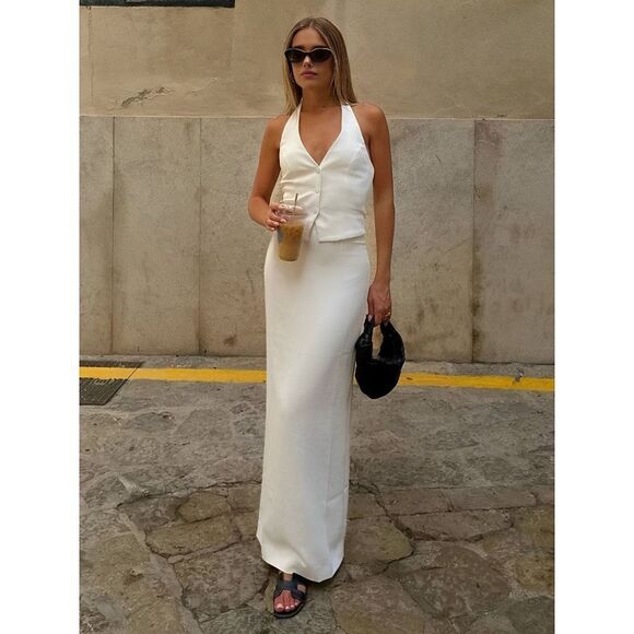 Commense Solid V-Neck Backless Tie Up Halter & Split Maxi Skirt Set white SZ M/6 - Picture 5 of 5